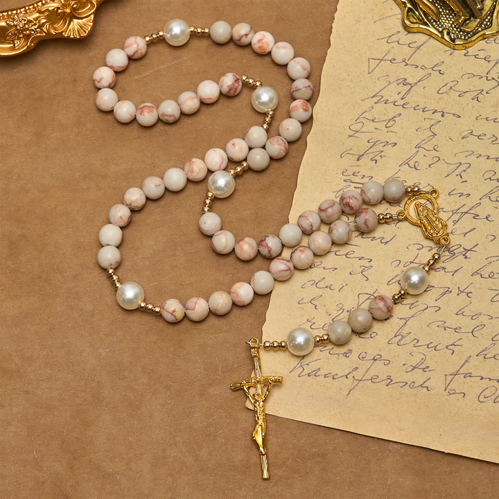 Christianartworkshop Matte Pink Zebra Jasper and Pearl Rosary with Miraculous Medal and Crucifix