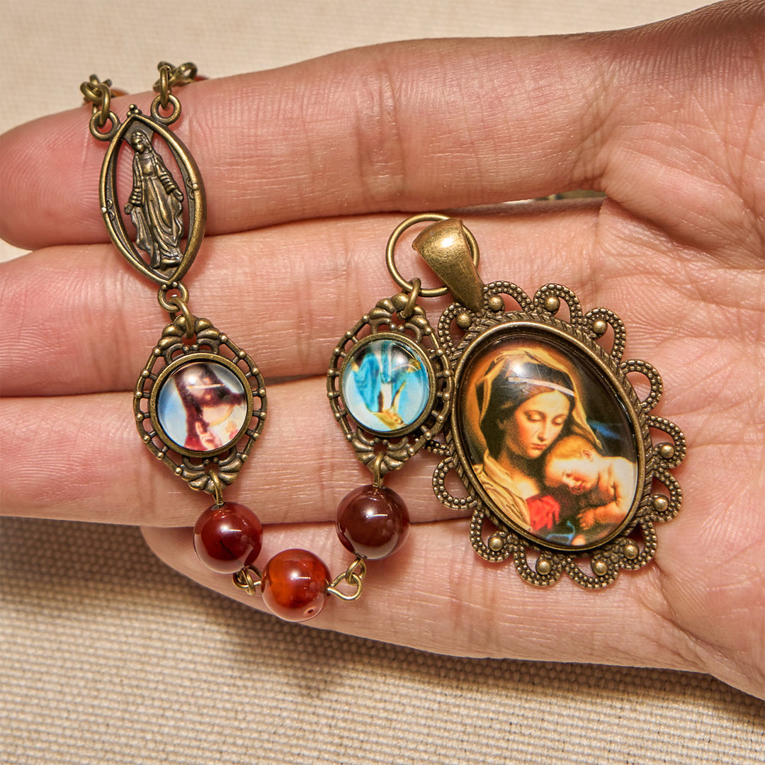 Christianartworkshop Madonna Medal & Saint Symbols of Dreamy Brown Agate Beads Rosary - image 4