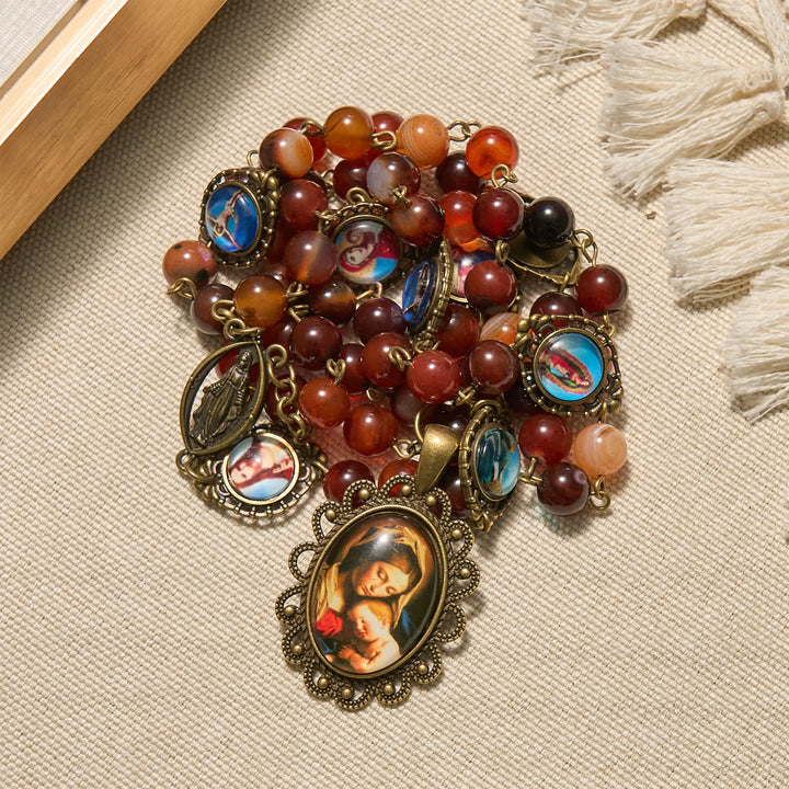Christianartworkshop Madonna Medal & Saint Symbols of Dreamy Brown Agate Beads Rosary - image 6