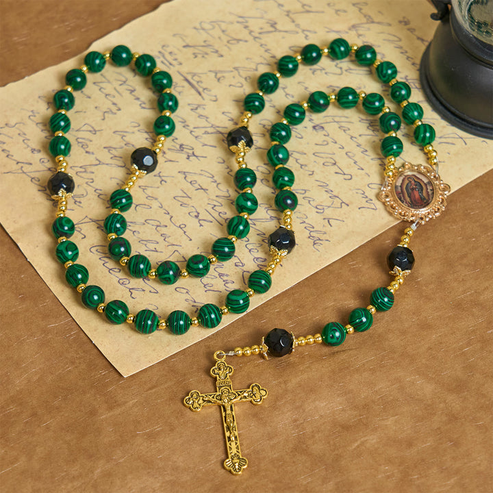 Christianartworkshop Smooth Green Tiger Eye Rosary with Crucifix & Holy Miraculous Medal