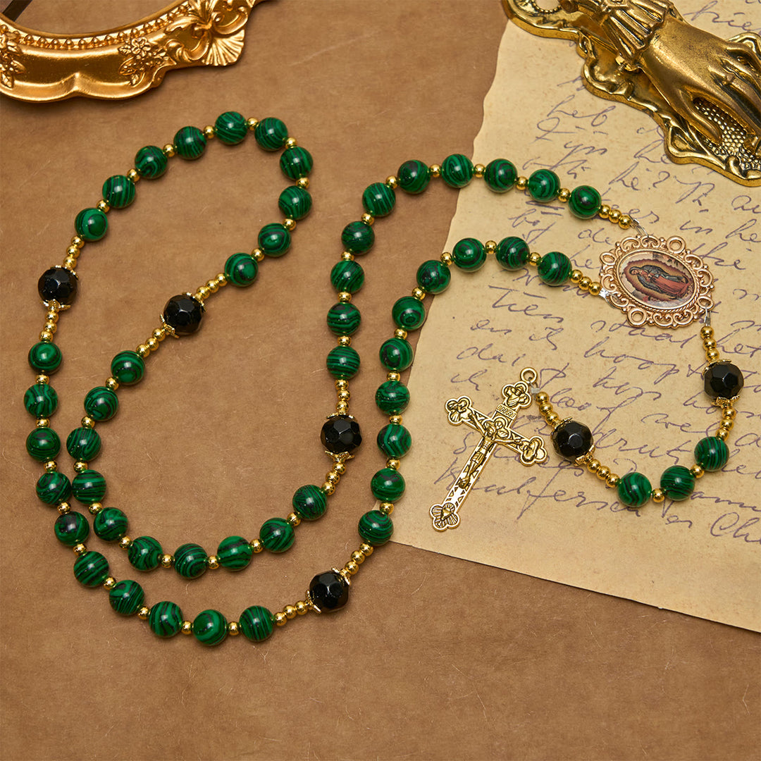 Christianartworkshop Smooth Green Tiger Eye Rosary with Crucifix & Holy Miraculous Medal