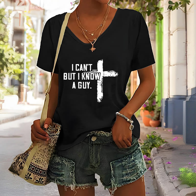 Christianartworkshop Women's I Can't But I Know A Guy Faith Print V-Neck T-shirt - image 4