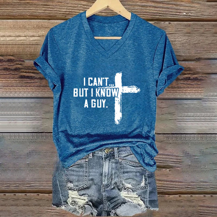 Christianartworkshop Women's I Can't But I Know A Guy Faith Print V-Neck T-shirt - Blue - 4XL - image 7