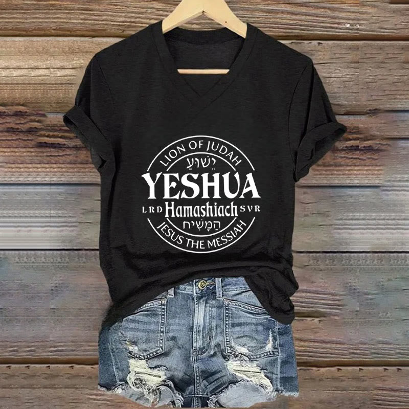 Christianartworkshop Women'S Lion Of Judah Yeshua Printed Casual V-Neck T-shirt - Black - 4XL - image 0