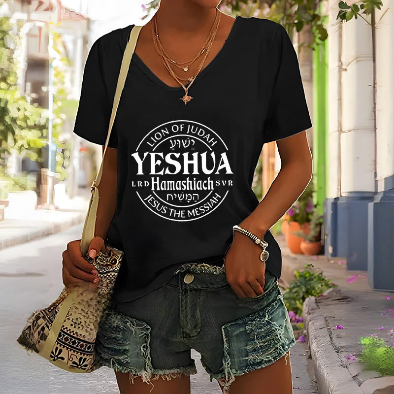 Christianartworkshop Women'S Lion Of Judah Yeshua Printed Casual V-Neck T-shirt - image 1