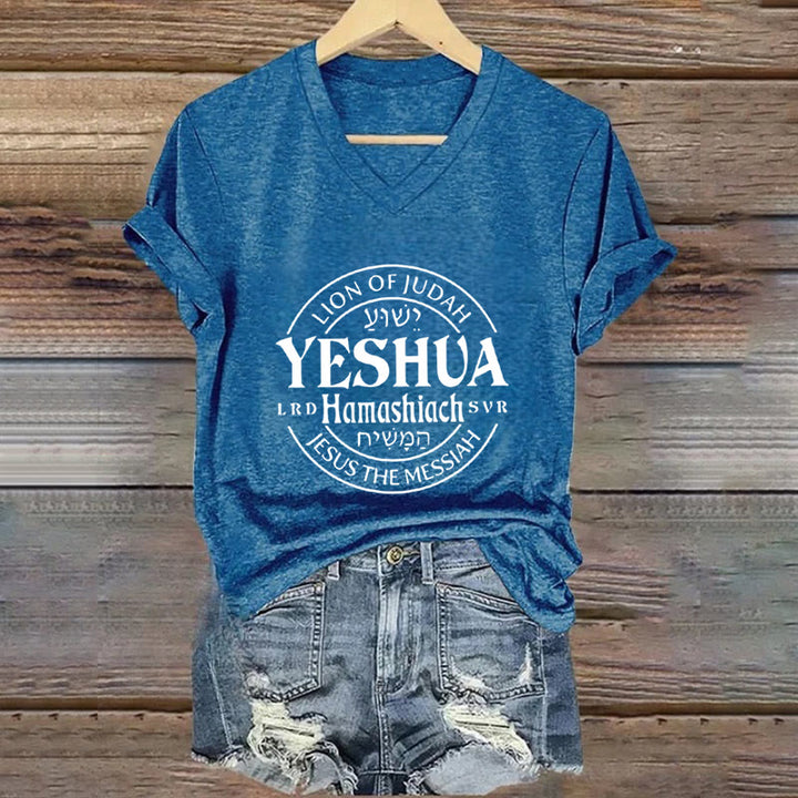 Christianartworkshop Women'S Lion Of Judah Yeshua Printed Casual V-Neck T-shirt - Blue - 4XL - image 6