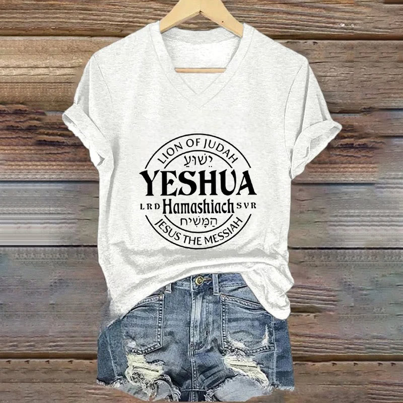 Christianartworkshop Women'S Lion Of Judah Yeshua Printed Casual V-Neck T-shirt - White - 4XL - image 2
