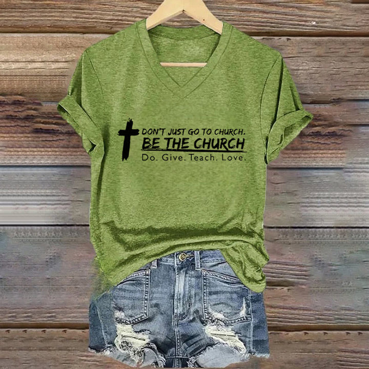 Christianartworkshop Women's Don't Just Go To Church Be The Church Casual V-Neck T-shirt - Green - 4XL - image 5