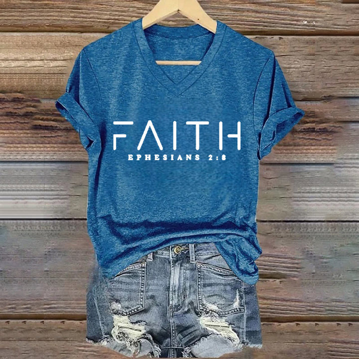 Christianartworkshop Women's Faith Printed Casual V-Neck T-shirt - Blue - 4XL - image 6