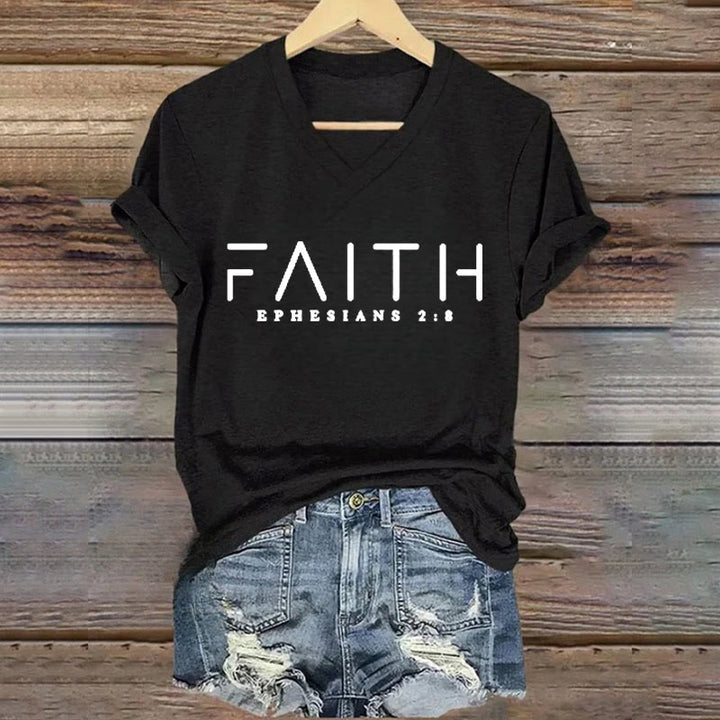 Christianartworkshop Women's Faith Printed Casual V-Neck T-shirt - Black - 4XL - image 3