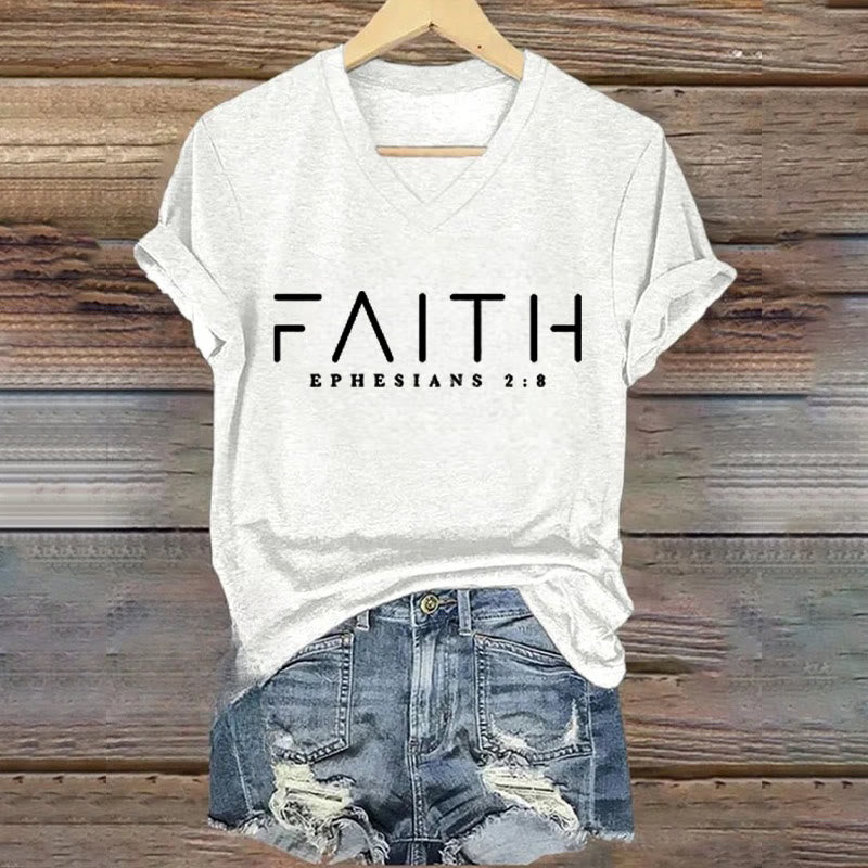 Christianartworkshop Women's Faith Printed Casual V-Neck T-shirt - White - 4XL - image 0
