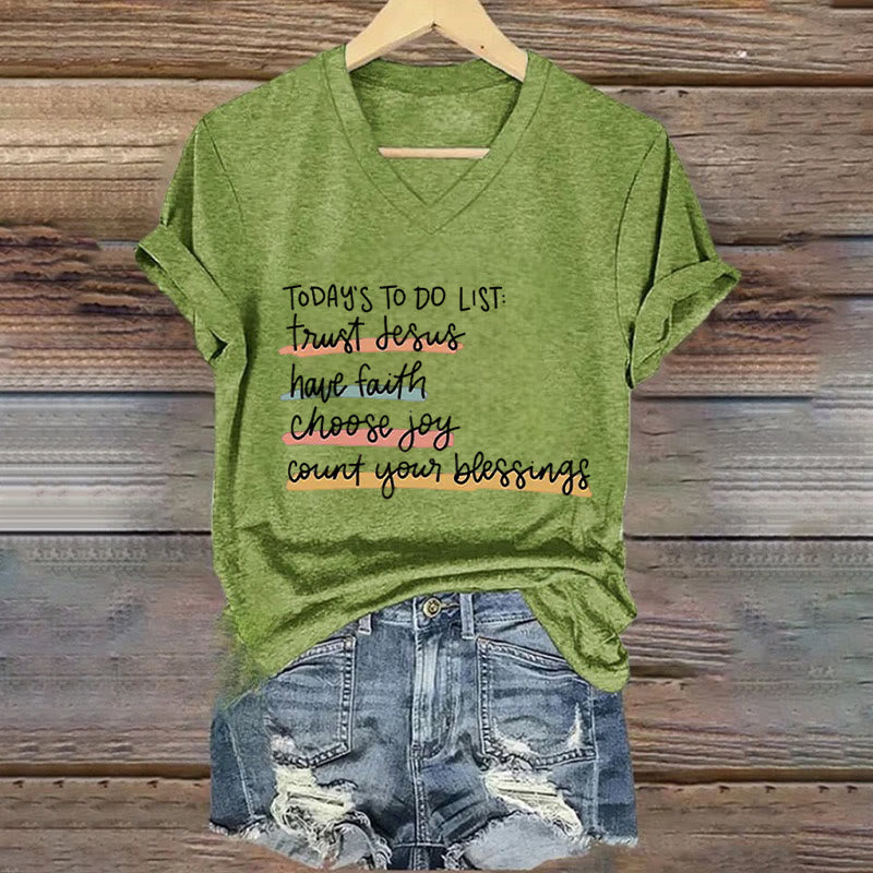 Christianartworkshop Today 's To-Do List Trust Jesus Have Faith Choose Joy Casual V-Neck T-shirt - Green - 4XL - image 1