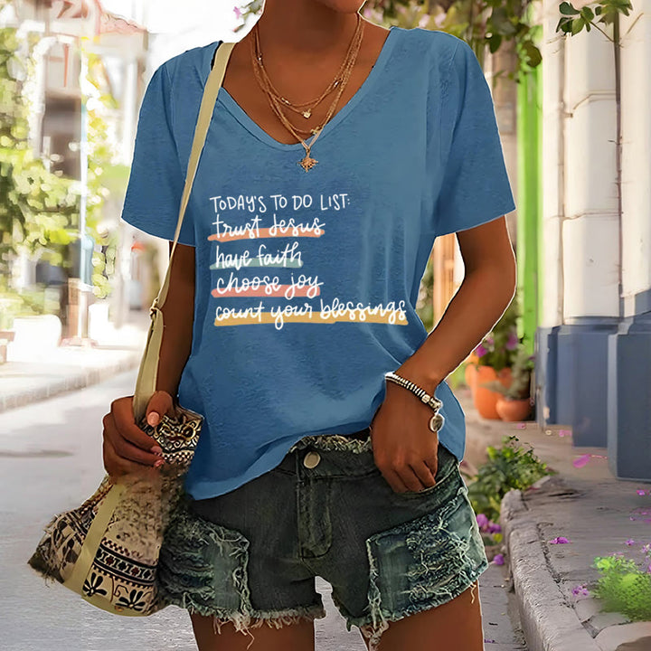 Christianartworkshop Today 's To-Do List Trust Jesus Have Faith Choose Joy Casual V-Neck T-shirt - image 9