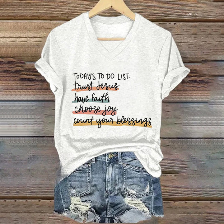 Christianartworkshop Today 's To-Do List Trust Jesus Have Faith Choose Joy Casual V-Neck T-shirt - White - 4XL - image 4