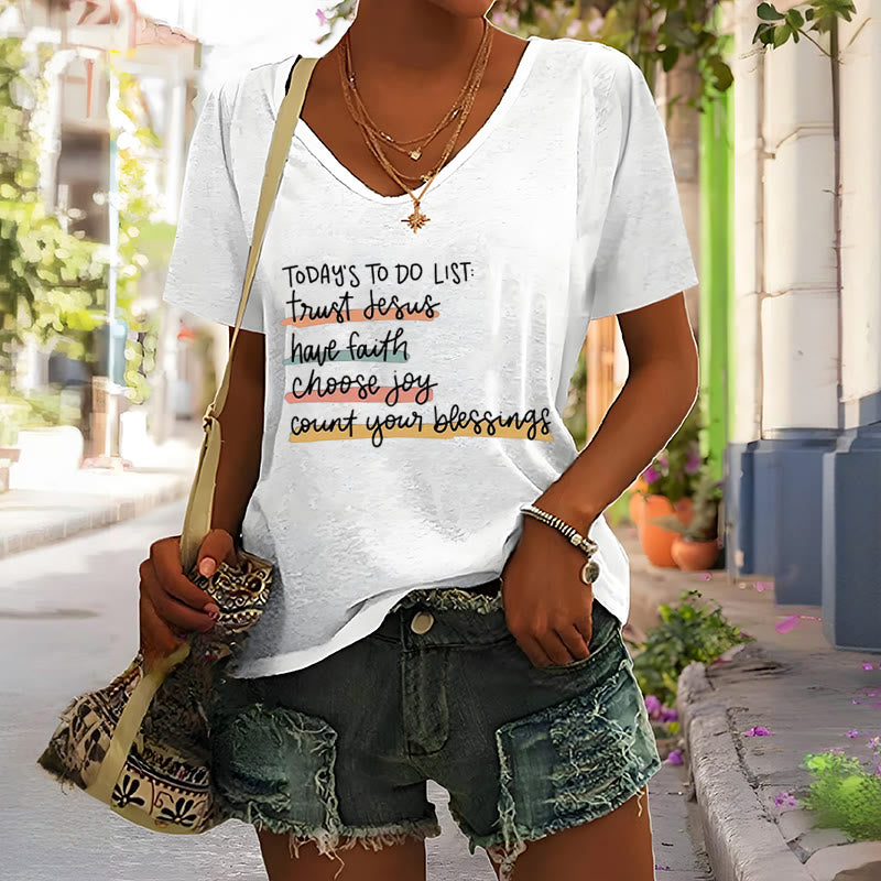 Christianartworkshop Today 's To-Do List Trust Jesus Have Faith Choose Joy Casual V-Neck T-shirt - image 7