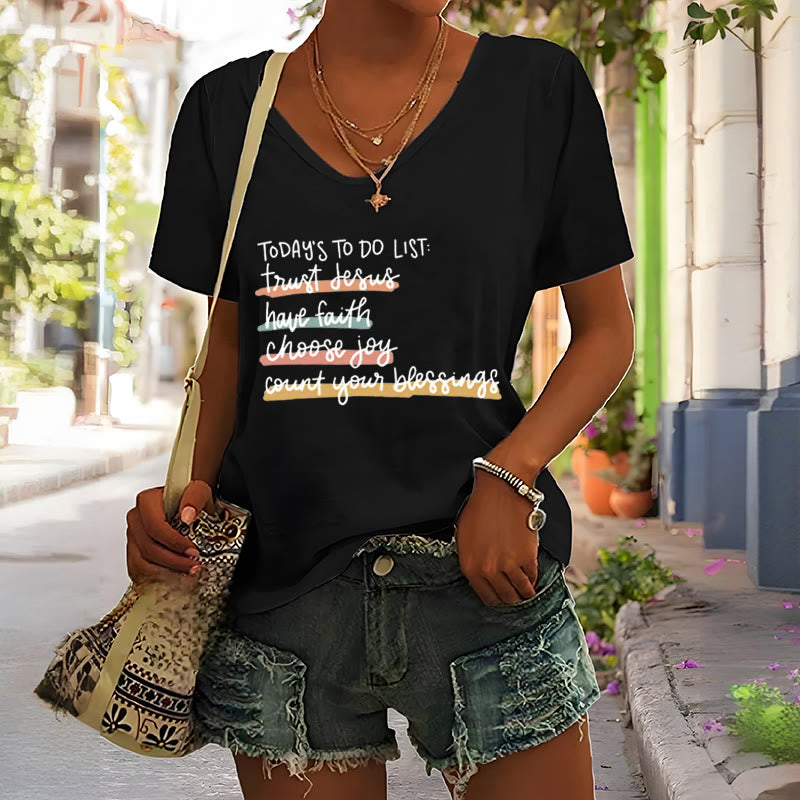 Christianartworkshop Today 's To-Do List Trust Jesus Have Faith Choose Joy Casual V-Neck T-shirt - image 5