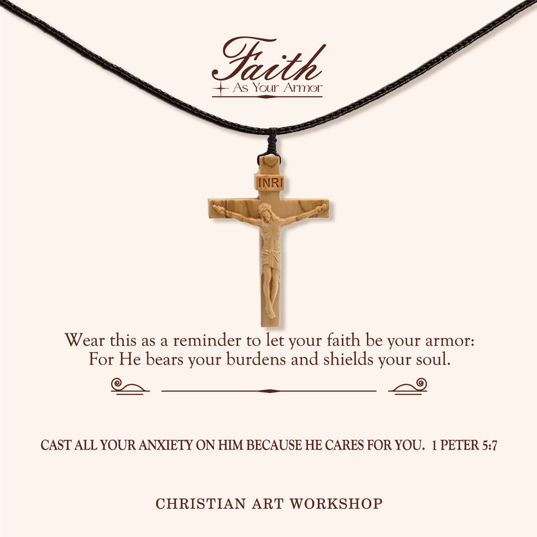 Christianartworkshop FAITH AS YOUR ARMOR: Jesus Crucifix Wooden Necklace - FAITH AS YOUR ARMOR-Light - image 1