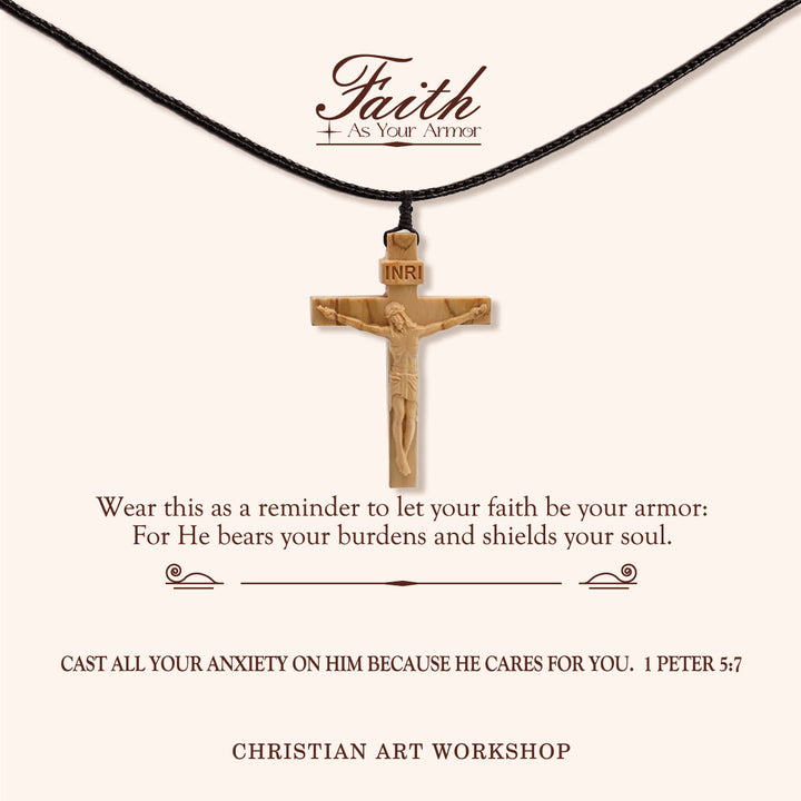 Christianartworkshop FAITH AS YOUR ARMOR: Jesus Crucifix Wooden Necklace - FAITH AS YOUR ARMOR-Light - image 1