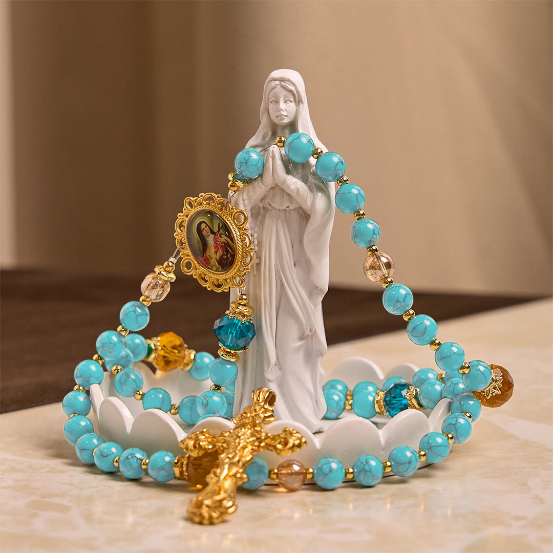 Christianartworkshop PRAYERFUL FAITH: Handcrafted Turquoise & Gold Alloy Rosary with Gift Card - image 7