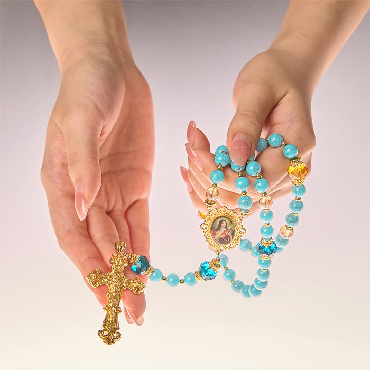 Christianartworkshop PRAYERFUL FAITH: Handcrafted Turquoise & Gold Alloy Rosary with Gift Card - image 10