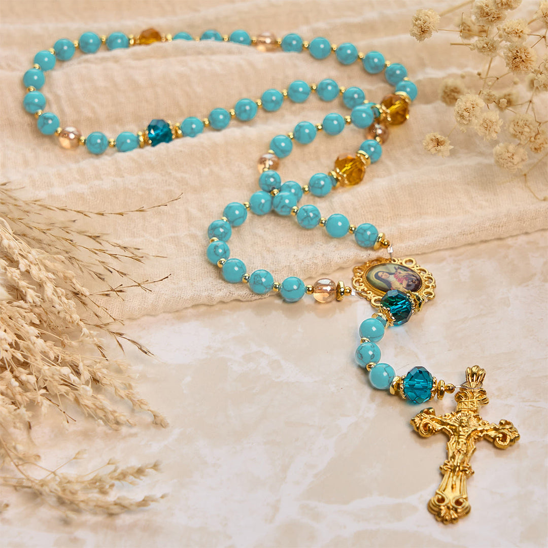Christianartworkshop PRAYERFUL FAITH: Handcrafted Turquoise & Gold Alloy Rosary with Gift Card - image 12