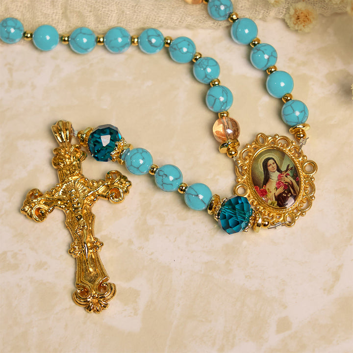 Christianartworkshop PRAYERFUL FAITH: Handcrafted Turquoise & Gold Alloy Rosary with Gift Card - image 9