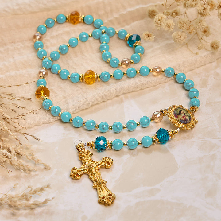 Christianartworkshop PRAYERFUL FAITH: Handcrafted Turquoise & Gold Alloy Rosary with Gift Card - image 5