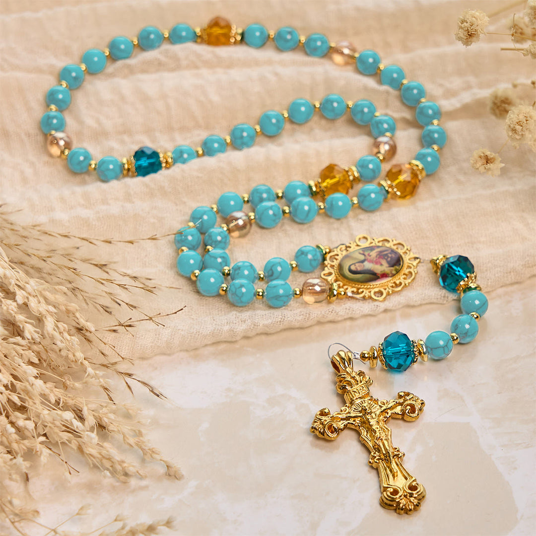Christianartworkshop PRAYERFUL FAITH: Handcrafted Turquoise & Gold Alloy Rosary with Gift Card - image 6