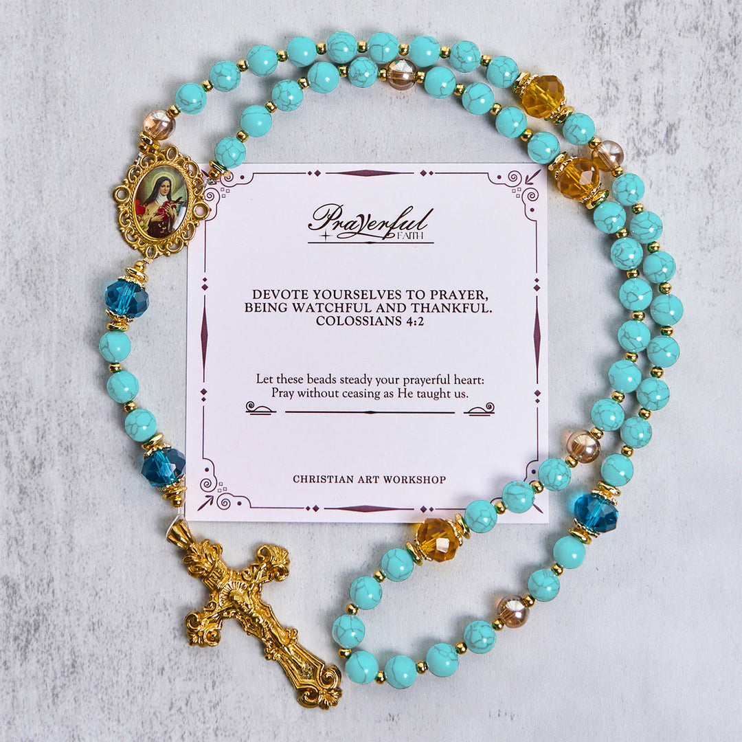 Christianartworkshop PRAYERFUL FAITH: Handcrafted Turquoise & Gold Alloy Rosary with Gift Card - PRAYERFUL FAITH - image 0