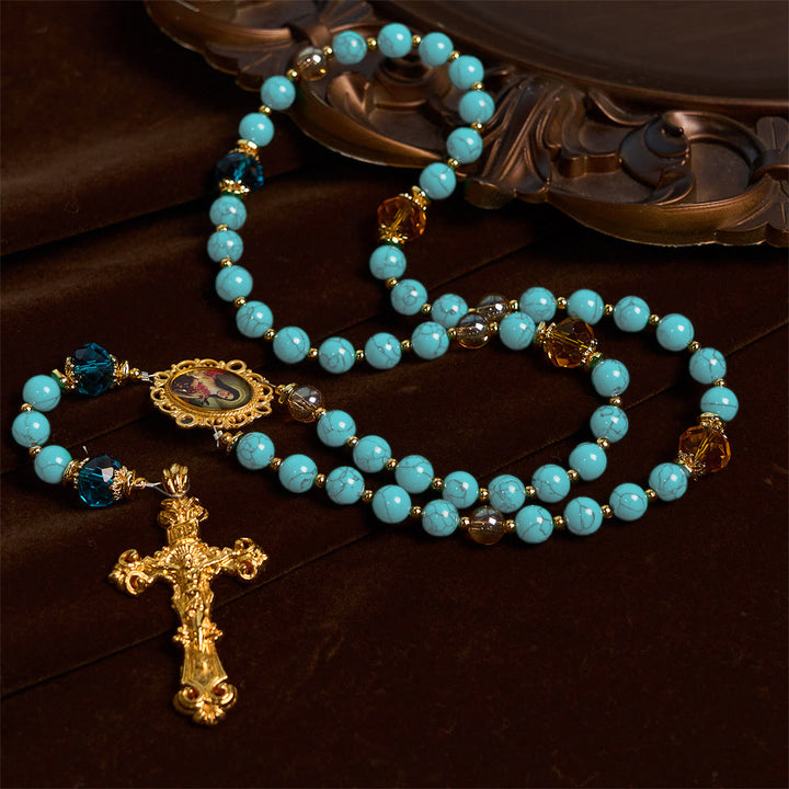Christianartworkshop PRAYERFUL FAITH: Handcrafted Turquoise & Gold Alloy Rosary with Gift Card - image 2