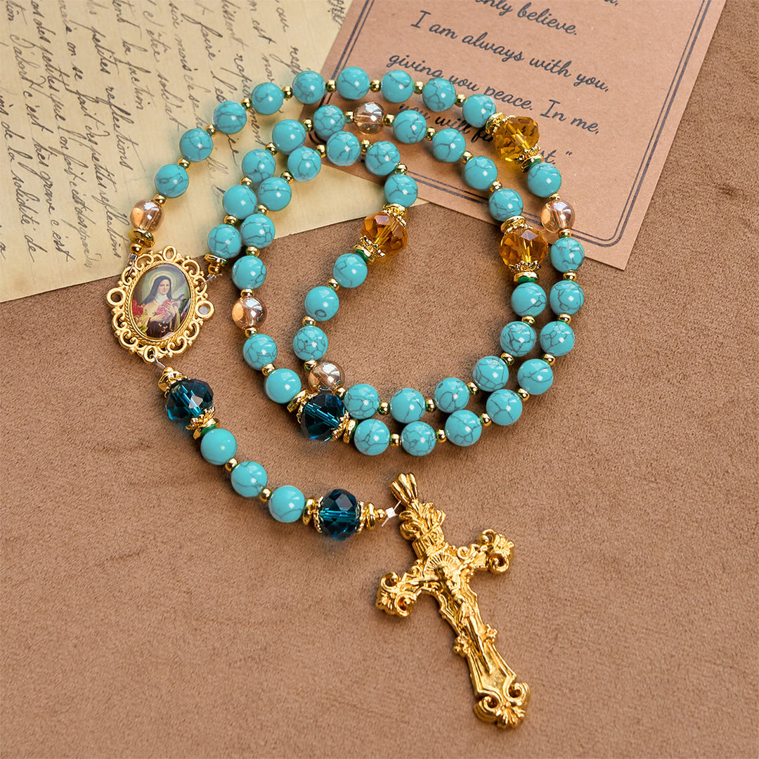 Christianartworkshop PRAYERFUL FAITH: Handcrafted Turquoise & Gold Alloy Rosary with Gift Card - image 4