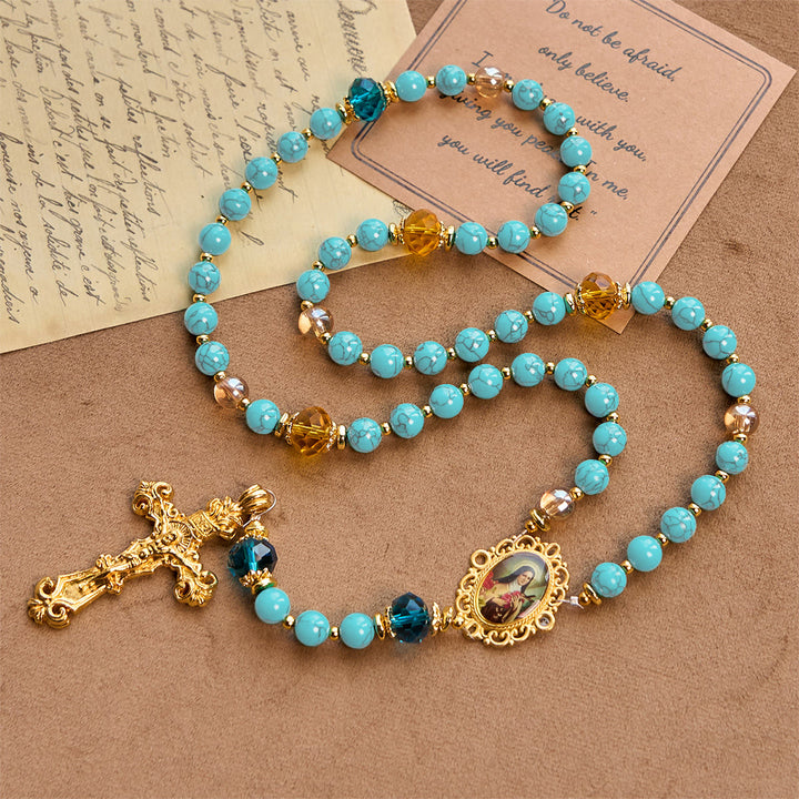 Christianartworkshop PRAYERFUL FAITH: Handcrafted Turquoise & Gold Alloy Rosary with Gift Card - image 4