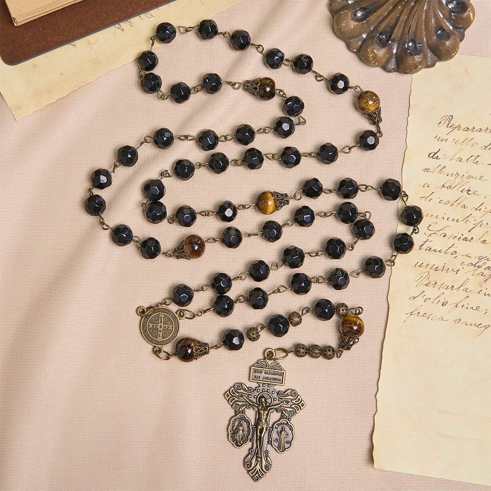 Christianartworkshop Vintage Obsidian Tiger Eye Beads Rosary with Pardon Crucifix & St. Benedict - image 1