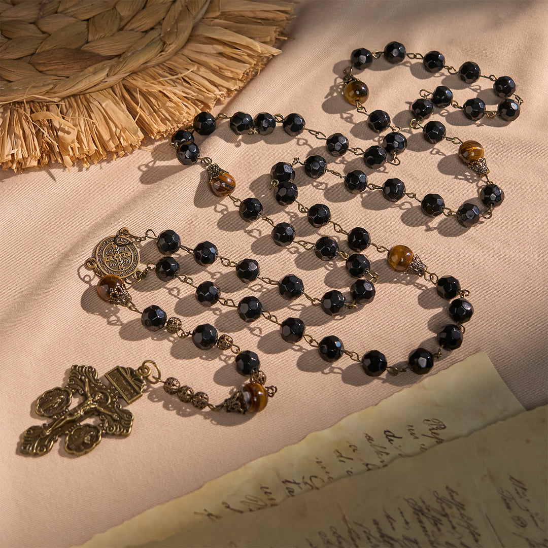 Christianartworkshop Vintage Obsidian Tiger Eye Beads Rosary with Pardon Crucifix & St. Benedict - Crucifix & St. Benedict - image 0