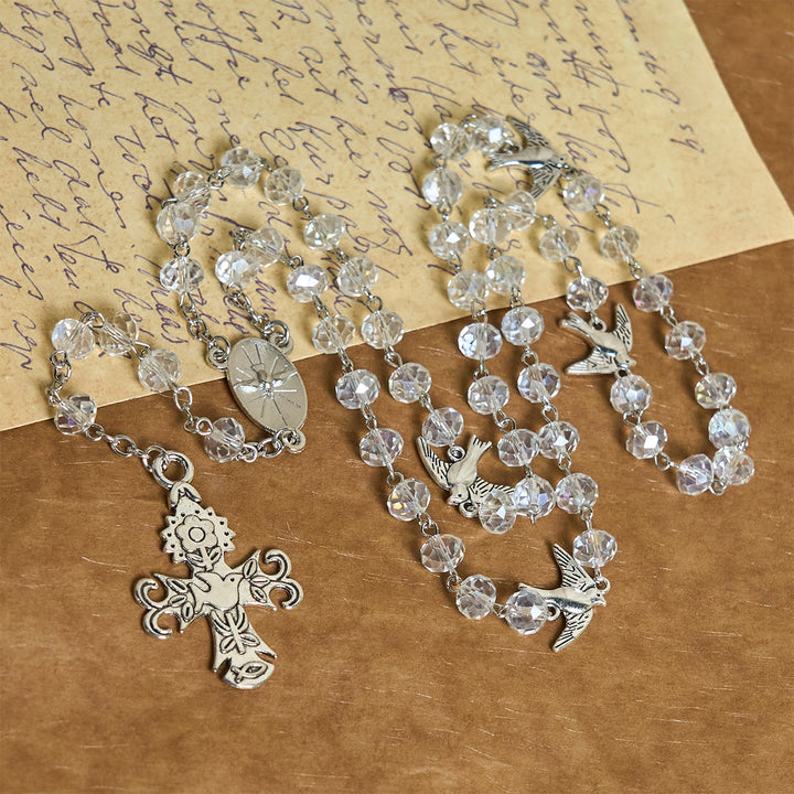 Christianartworkshop Clear Crystal Catholic Rosary with Holy Spirit Dove and Cross - image 3