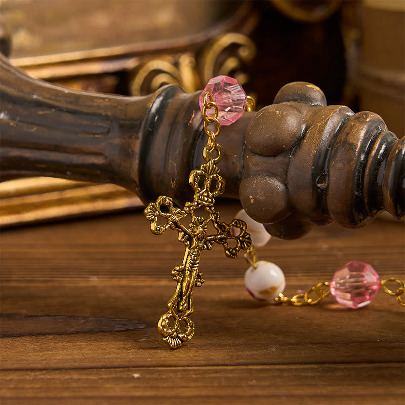 Christianartworkshop Miraculous Medal & Crucifix of 8 mm Round Floral Pink Ceramic Alloy Chain Rosary
