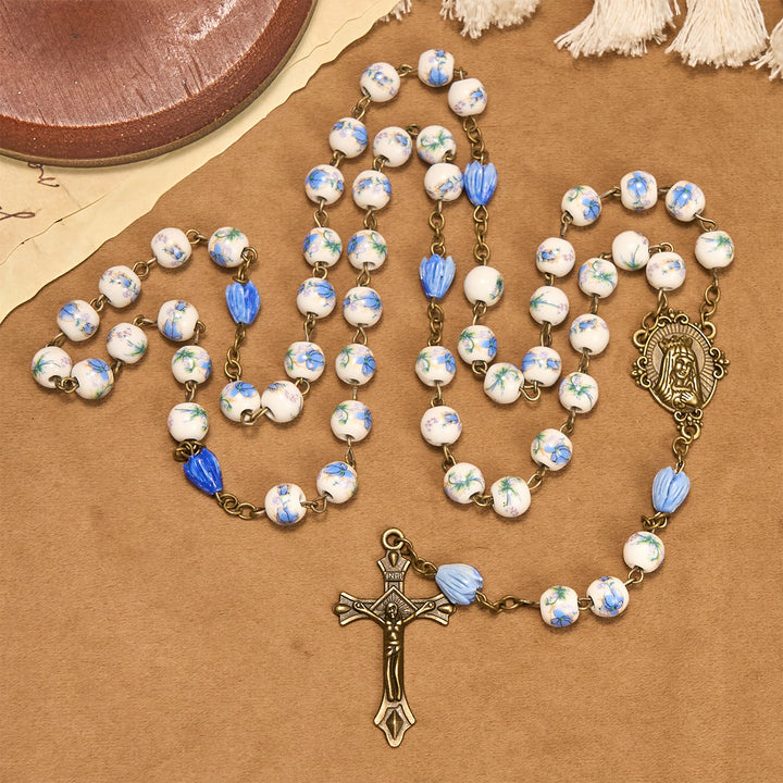 Christianartworkshop Immaculate Heart of Mary & Crucifix of 8 mm Round Blue Floral Acrylic Alloy Chain Rosary