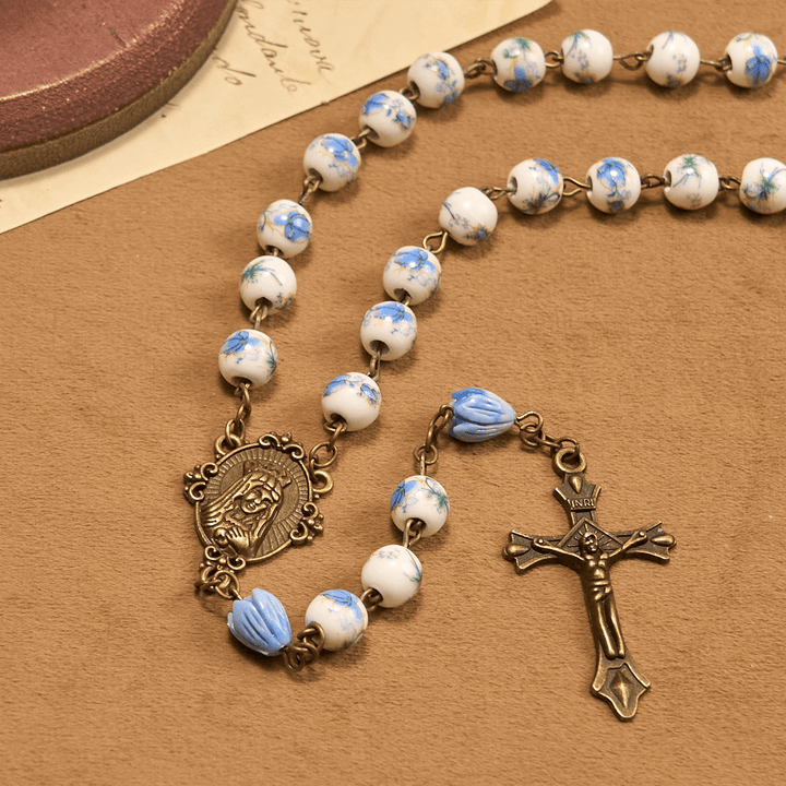 Christianartworkshop Immaculate Heart of Mary & Crucifix of 8 mm Round Blue Floral Acrylic Alloy Chain Rosary