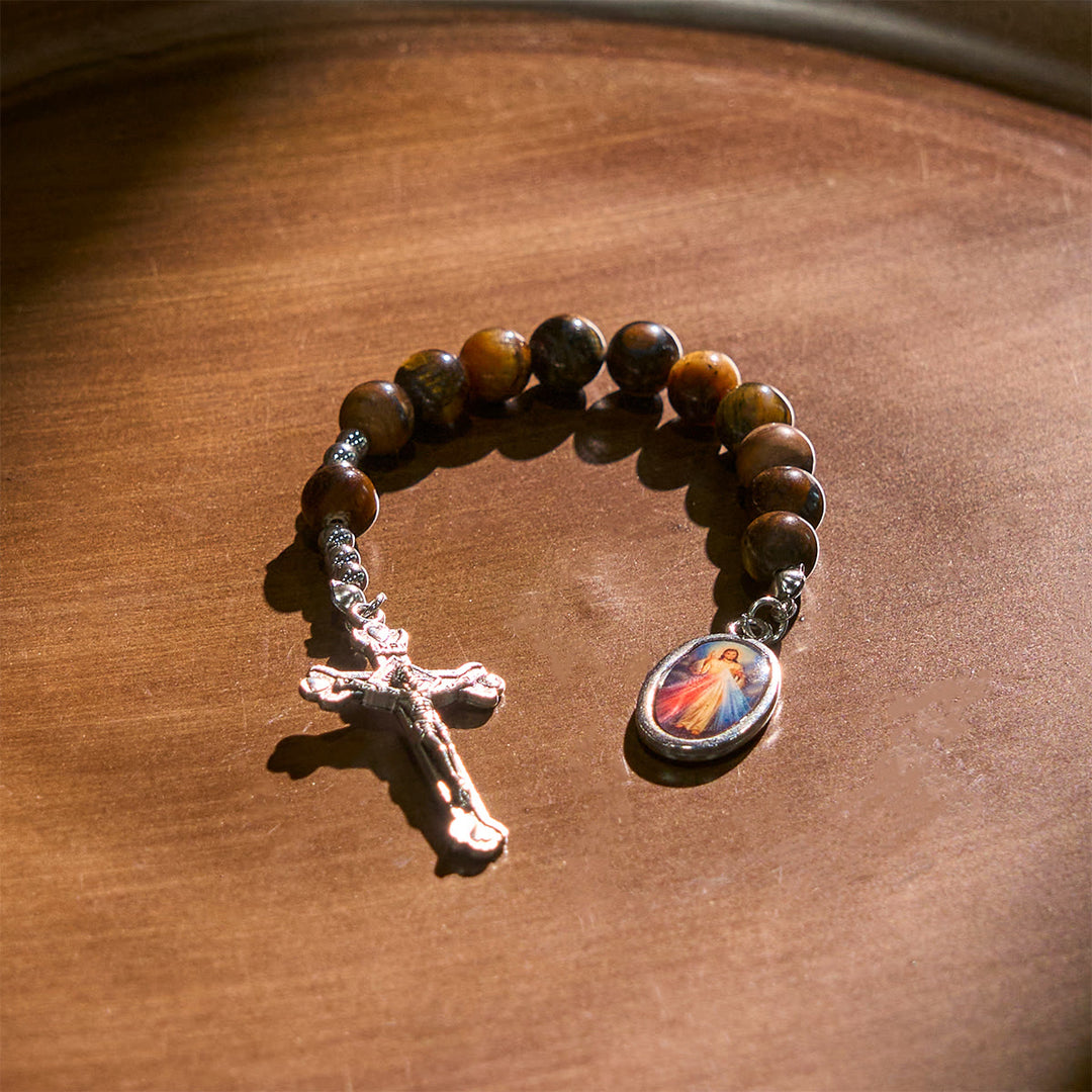 Christianartworkshop Compact Tiger Eye Pocket Rosary with Crucifix & Divine Mercy for Daily Prayers - image 6