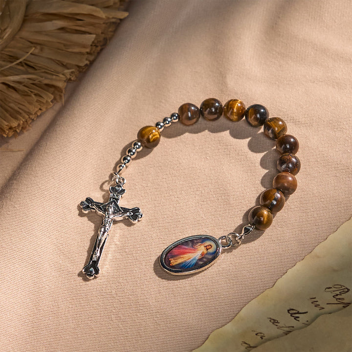 Christianartworkshop Compact Tiger Eye Pocket Rosary with Crucifix & Divine Mercy for Daily Prayers - Divine Mercy - image 1