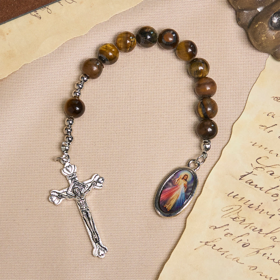 Christianartworkshop Compact Tiger Eye Pocket Rosary with Crucifix & Divine Mercy for Daily Prayers - image 2