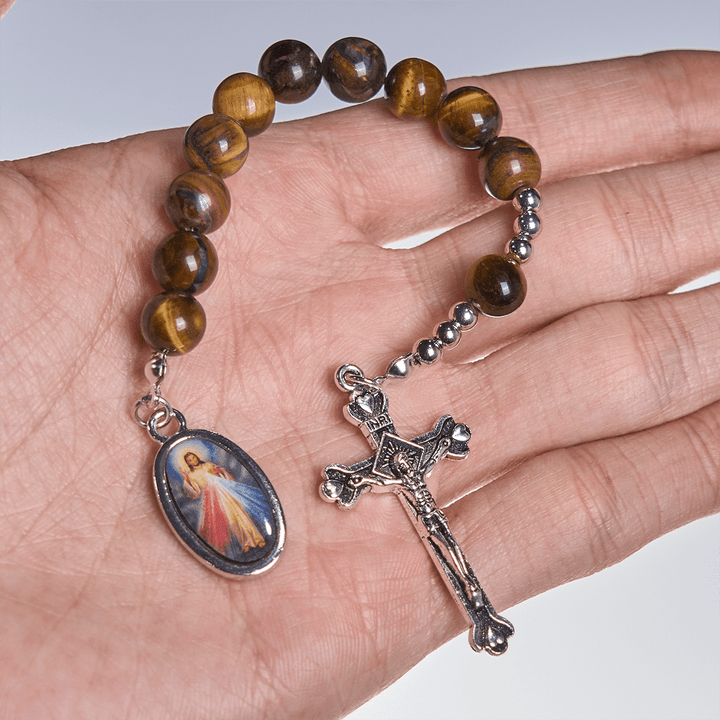 Christianartworkshop Compact Tiger Eye Pocket Rosary with Crucifix & Divine Mercy for Daily Prayers - image 3