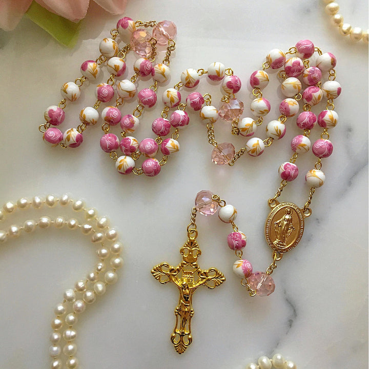 Christianartworkshop Immaculate Heart of Mary & Crucifix of 8 mm Round Blue Floral Acrylic Alloy Chain Rosary