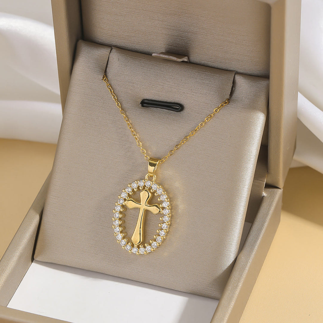 Christianartworkshop Elegant Oval Cross Necklace with Crystal Halo: A Precious Gift of Faith - image 1