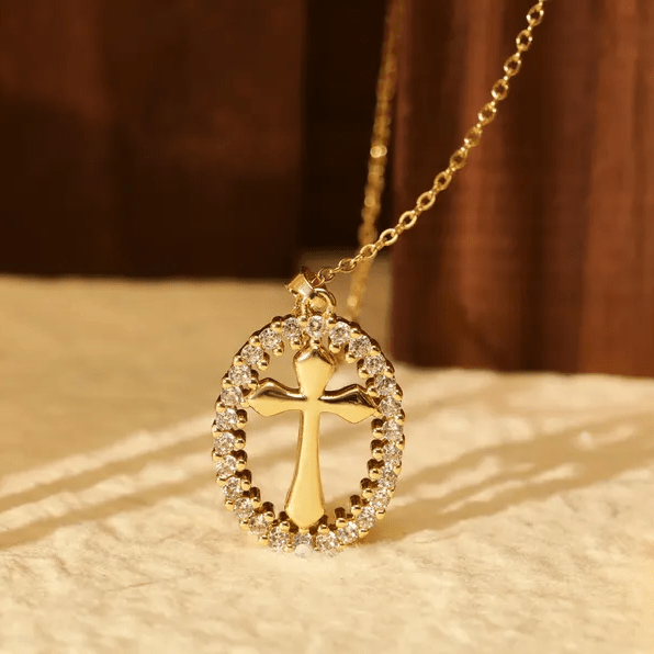 Christianartworkshop Elegant Oval Cross Necklace with Crystal Halo: A Precious Gift of Faith - Cross - image 0