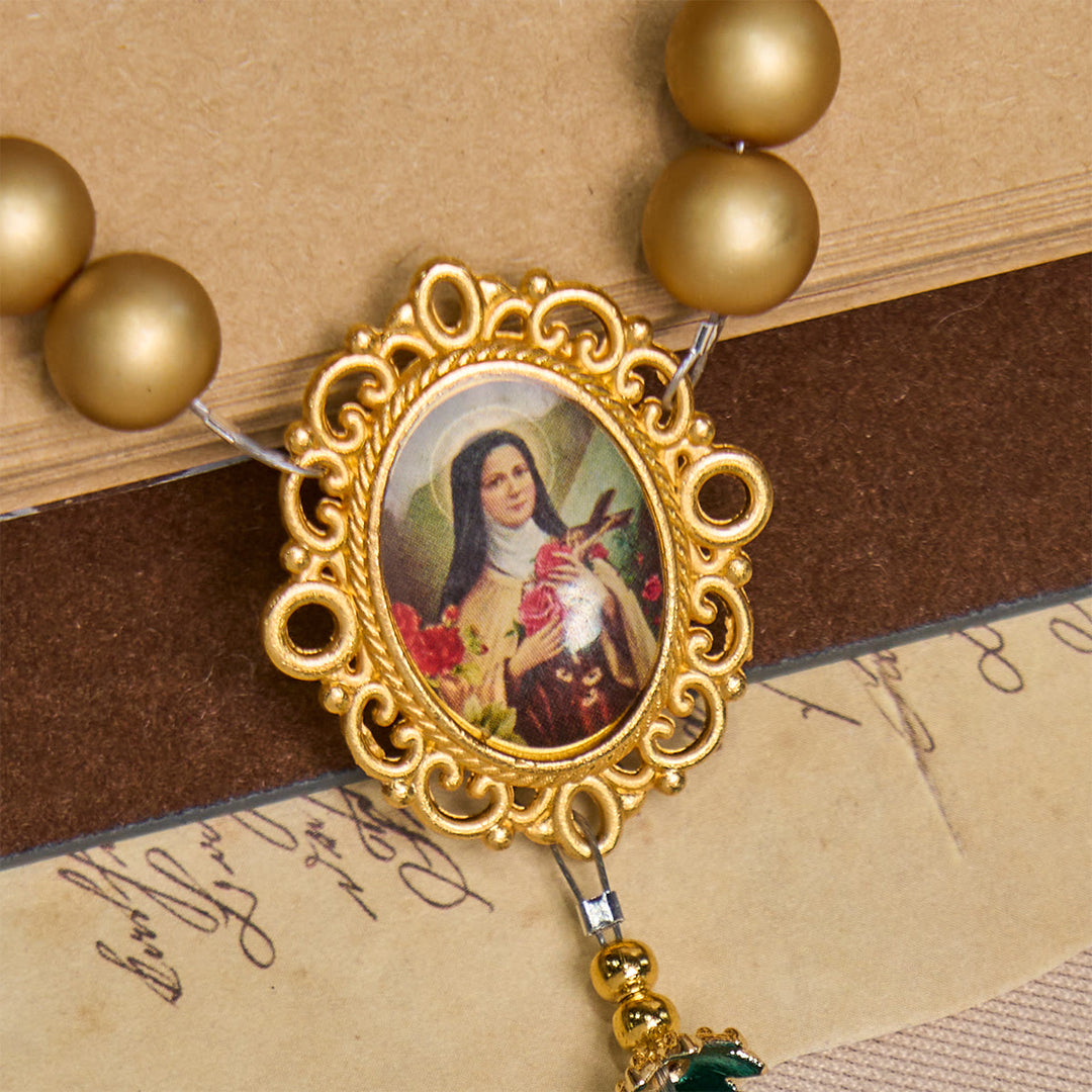 Christianartworkshop Elegant Matte Golden Pearl Rosary with St. Therese and Crucifix - image 6