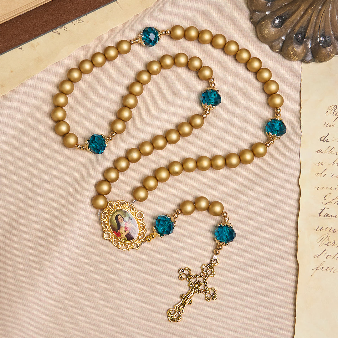 Christianartworkshop Elegant Matte Golden Pearl Rosary with St. Therese and Crucifix - image 4