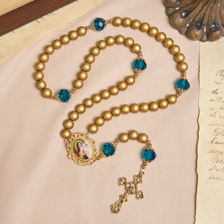 Christianartworkshop Elegant Matte Golden Pearl Rosary with St. Therese and Crucifix - image 4