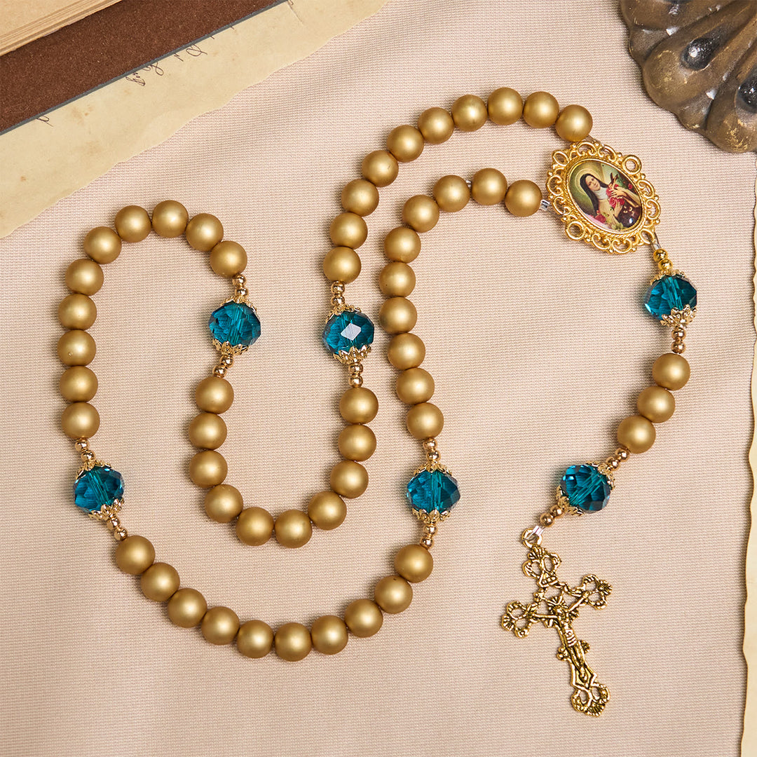 Christianartworkshop Elegant Matte Golden Pearl Rosary with St. Therese and Crucifix - image 5