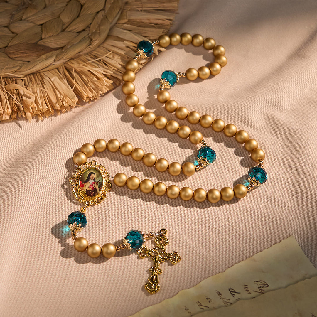 Christianartworkshop Elegant Matte Golden Pearl Rosary with St. Therese and Crucifix - St. Therese & Crucifix - image 0
